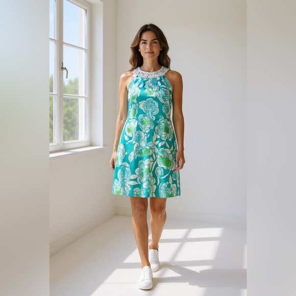 Jessica Howard Turquoise Floral Halter Dress with Beaded Neckline – Retail $119🟢 - Picture 1 of 8